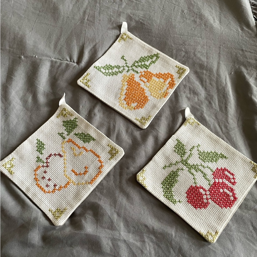 3 handmade Italian embroidered kitchen cloths/ hot pads
